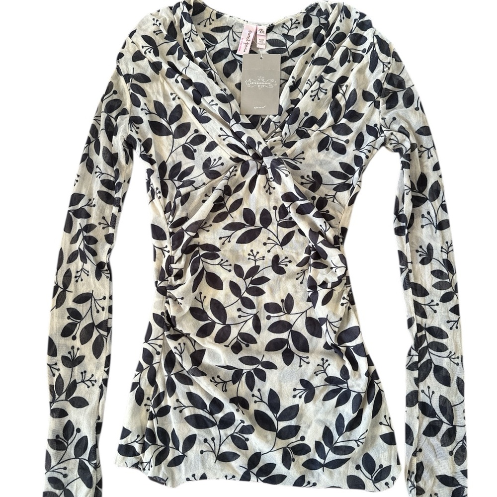 Anthropology Floral Print Long Sleeve Mesh Top